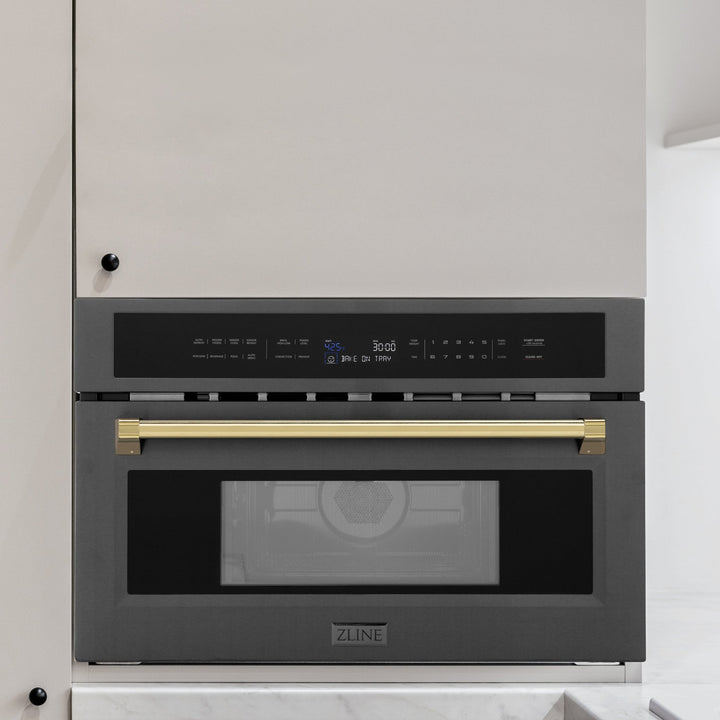 ZLINE Autograph Edition 30â€ 1.6 cu ft. Built-in Convection Microwave Oven in Black Stainless Steel and Polished Gold  Accents (MWOZ-30-BS-G)