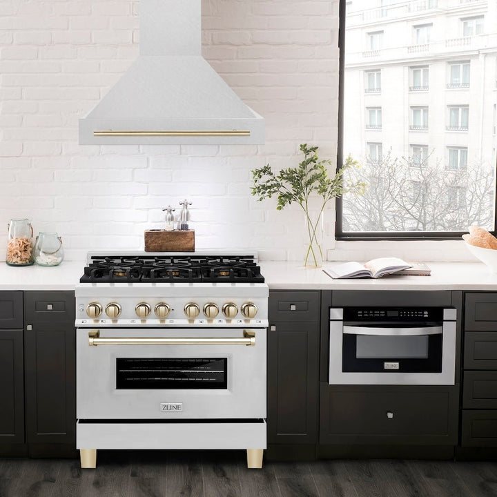 ZLINE Autograph Edition 36" Fingerprint Resistant Stainless Steel Range Hood with Polished Gold Handle (8654SNZ-36-G)