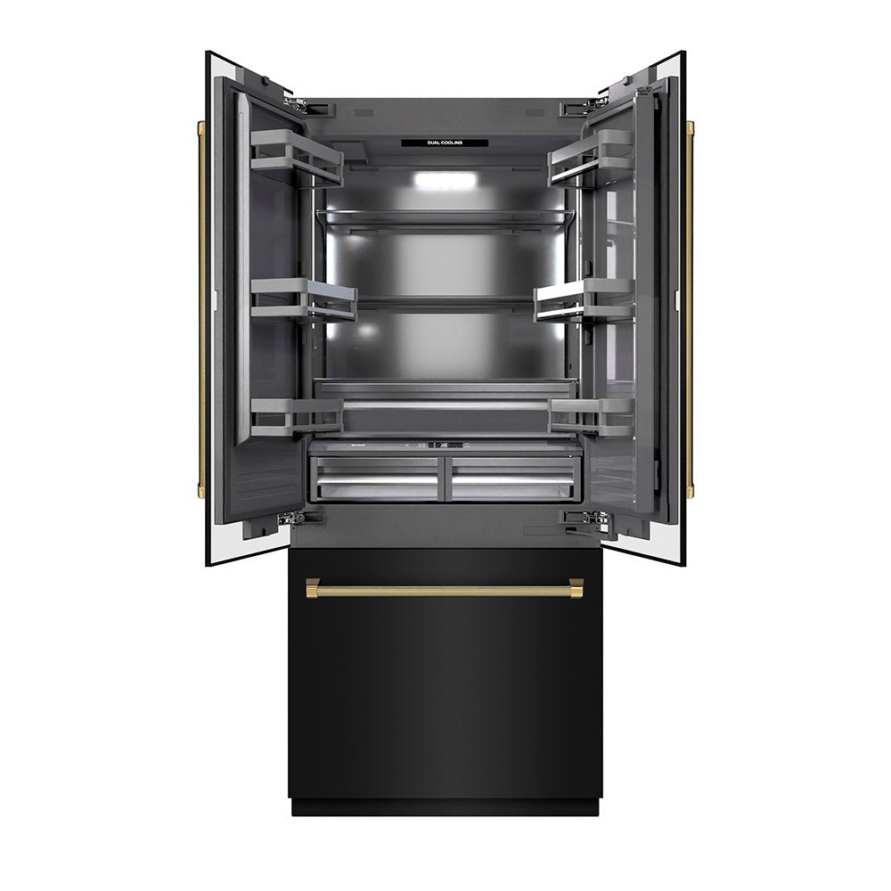 ZLINE Autograph Edition 36 in. 19.6 cu. ft. French Door Built-In Bottom Freezer Refrigerator with Water Dispenser and Ice Maker in Black Stainless Steel with Graphite Gray Interior and Polished Gold Helix Handles (GRBIVZ-BS36KG)