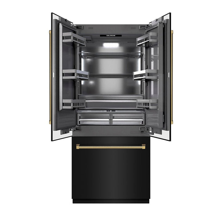 ZLINE Autograph Edition 36 in. 19.6 cu. ft. French Door Built-In Bottom Freezer Refrigerator with Water Dispenser and Ice Maker in Black Stainless Steel with Graphite Gray Interior and Polished Gold Helix Handles (GRBIVZ-BS36KG)