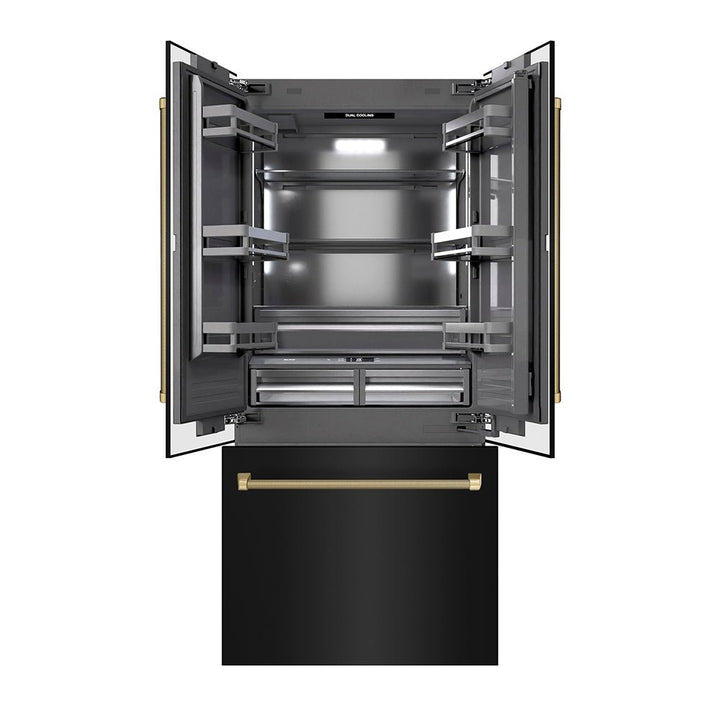 ZLINE Autograph Edition 36 in. 19.6 cu. ft. French Door Built-In Bottom Freezer Refrigerator with Water Dispenser and Ice Maker in Black Stainless Steel with Graphite Gray Interior and Champagne Bronze Helix Handles (GRBIVZ-BS36KCB)