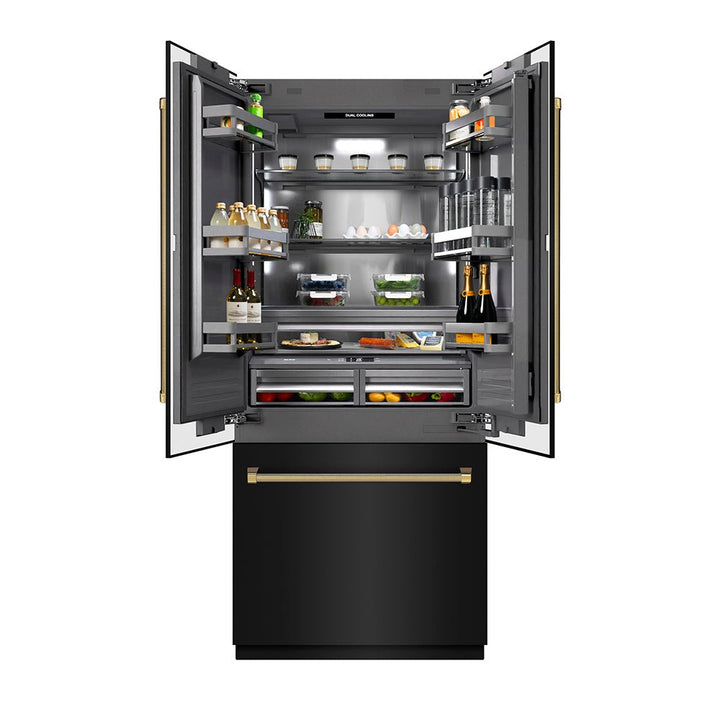 ZLINE Autograph Edition 36 in. 19.6 cu. ft. French Door Built-In Bottom Freezer Refrigerator with Water Dispenser and Ice Maker in Black Stainless Steel with Graphite Gray Interior and Polished Gold Helix Handles (GRBIVZ-BS36KG)