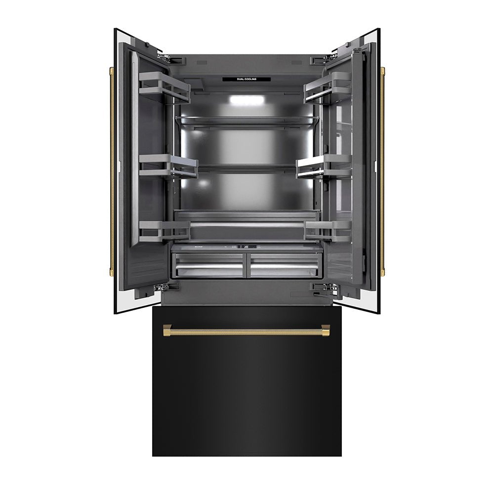 ZLINE Autograph Edition 36 in. 19.6 cu. ft. French Door Built-In Bottom Freezer Refrigerator with Water Dispenser and Ice Maker in Black Stainless Steel with Graphite Gray Interior and Polished Gold Helix Handles (GRBIVZ-BS36KG)