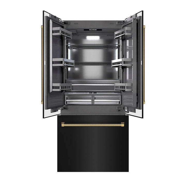 ZLINE Autograph Edition 36 in. 19.6 cu. ft. French Door Built-In Bottom Freezer Refrigerator with Water Dispenser and Ice Maker in Black Stainless Steel with Graphite Gray Interior and Polished Gold Helix Handles (GRBIVZ-BS36KG)