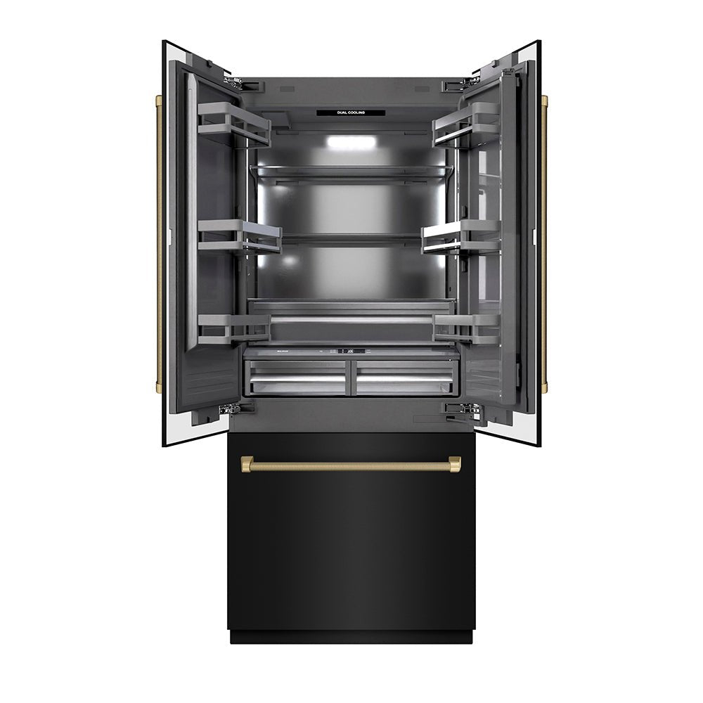 ZLINE Autograph Edition 36 in. 19.6 cu. ft. French Door Built-In Bottom Freezer Refrigerator with Water Dispenser and Ice Maker in Black Stainless Steel with Graphite Gray Interior and Champagne Bronze Helix Handles (GRBIVZ-BS36KCB)