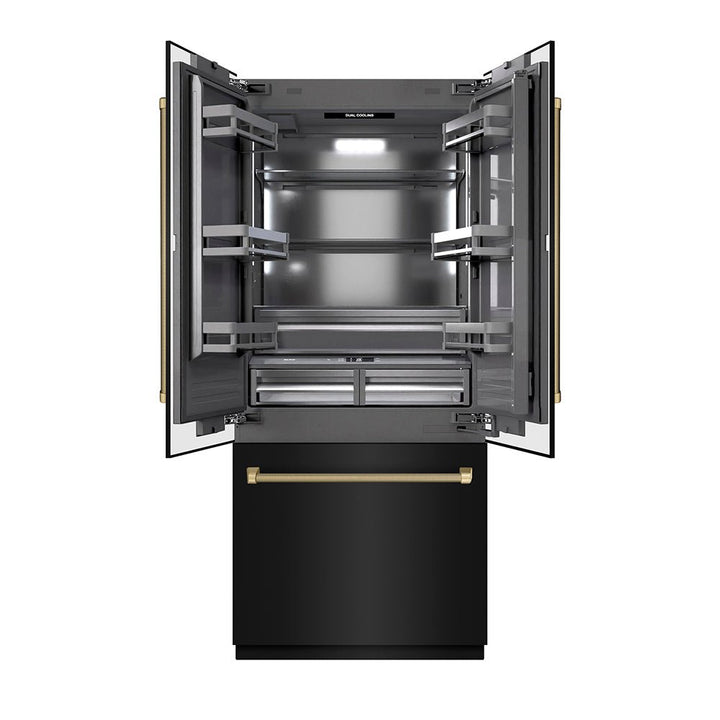 ZLINE Autograph Edition 36 in. 19.6 cu. ft. French Door Built-In Bottom Freezer Refrigerator with Water Dispenser and Ice Maker in Black Stainless Steel with Graphite Gray Interior and Champagne Bronze Helix Handles (GRBIVZ-BS36KCB)