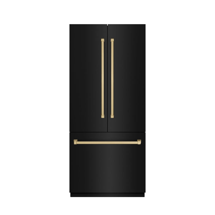 ZLINE Autograph Edition 36 in. 19.6 cu. ft. French Door Built-In Bottom Freezer Refrigerator with Water Dispenser and Ice Maker in Black Stainless Steel with Graphite Gray Interior and Champagne Bronze Accents (GRBIVZ-BS-36-CB)