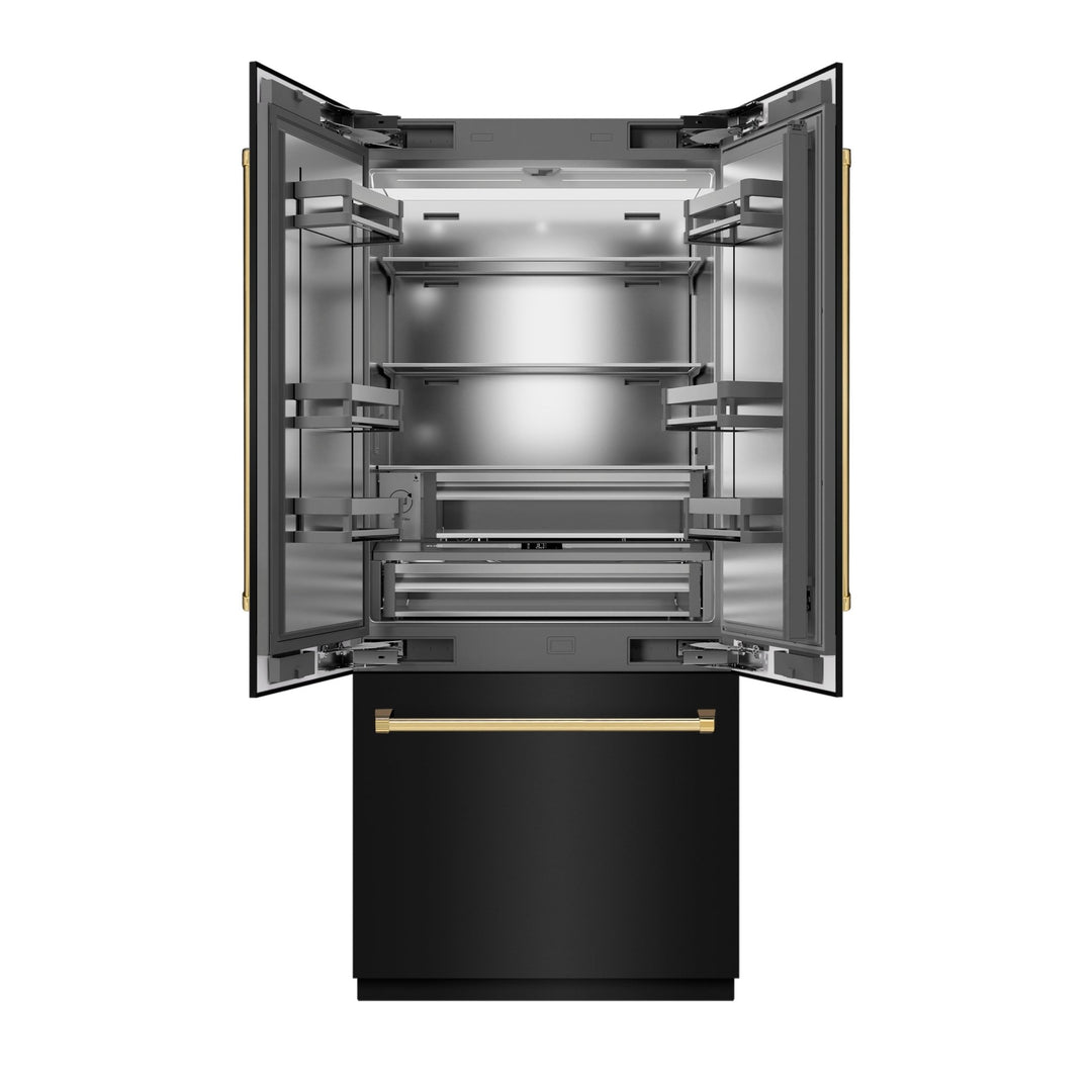 ZLINE Autograph Edition 36 in. 19.6 cu. ft. French Door Built-In Bottom Freezer Refrigerator with Water Dispenser and Ice Maker in Black Stainless Steel with Stainless Steel Interior and Polished Gold Accents (SRBIVZ-BS-36-G)