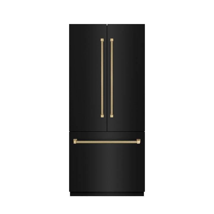 ZLINE Autograph Edition 36 in. 19.6 cu. ft. French Door Built-In Bottom Freezer Refrigerator with Water Dispenser and Ice Maker in Black Stainless Steel with Stainless Steel Interior and Champagne Bronze Helix Handles (SRBIVZ-BS36KCB)