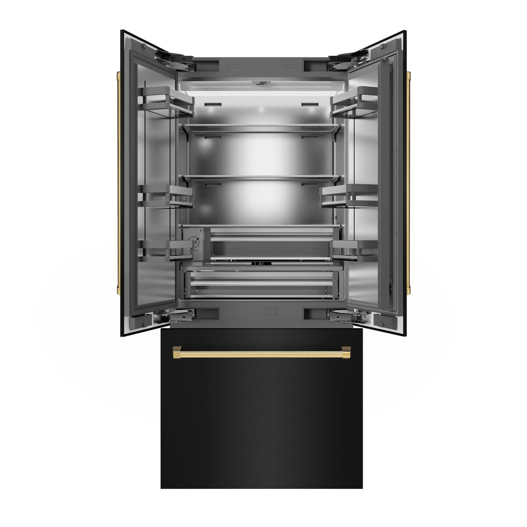 ZLINE Autograph Edition 36 in. 19.6 cu. ft. French Door Built-In Bottom Freezer Refrigerator with Water Dispenser and Ice Maker in Black Stainless Steel with Stainless Steel Interior and Polished Gold Accents (SRBIVZ-BS-36-G)