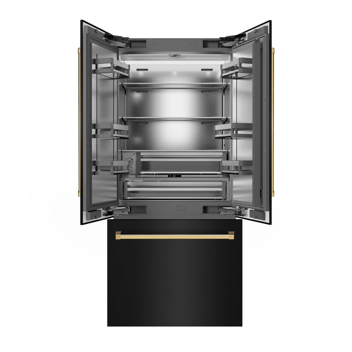 ZLINE Autograph Edition 36 in. 19.6 cu. ft. French Door Built-In Bottom Freezer Refrigerator with Water Dispenser and Ice Maker in Black Stainless Steel with Stainless Steel Interior and Polished Gold Accents (SRBIVZ-BS-36-G)