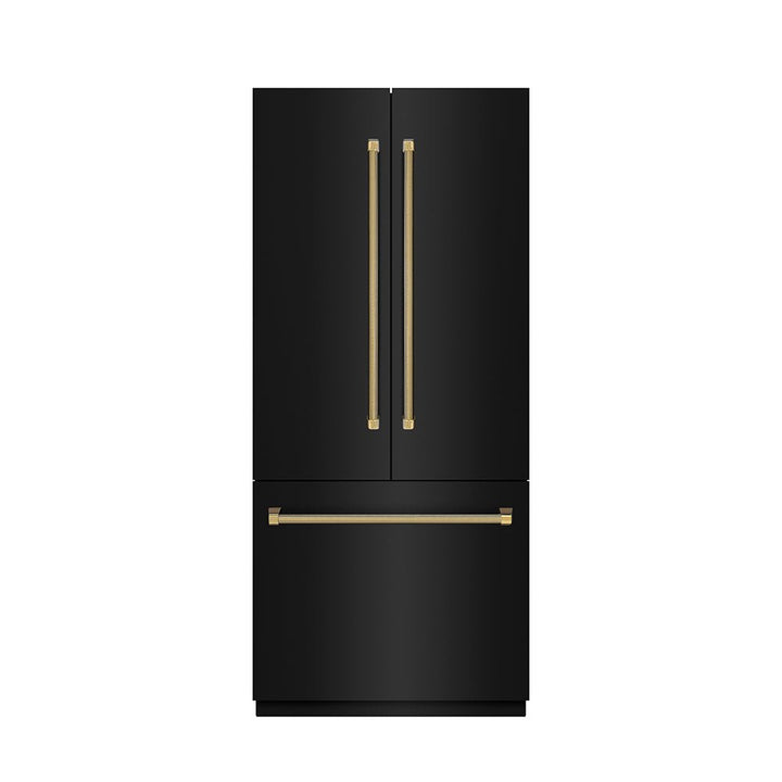 ZLINE Autograph Edition 36 in. 19.6 cu. ft. French Door Built-In Bottom Freezer Refrigerator with Water Dispenser and Ice Maker in Black Stainless Steel with Stainless Steel Interior and Polished Gold Helix Handles (SRBIVZ-BS36KG)