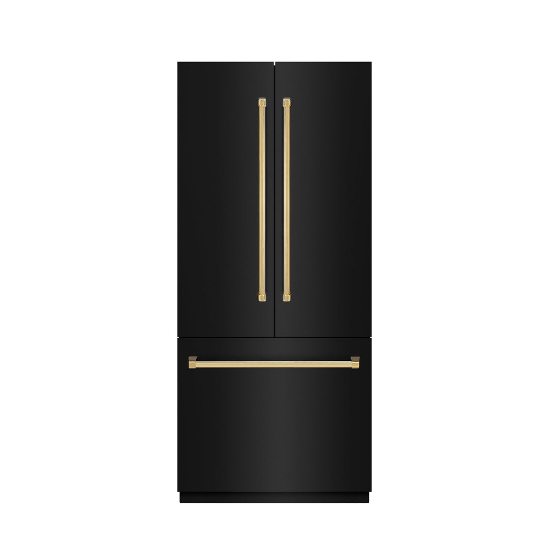 ZLINE Autograph Edition 36 in. 19.6 cu. ft. French Door Built-In Bottom Freezer Refrigerator with Water Dispenser and Ice Maker in Black Stainless Steel with Stainless Steel Interior and Polished Gold Accents (SRBIVZ-BS-36-G)