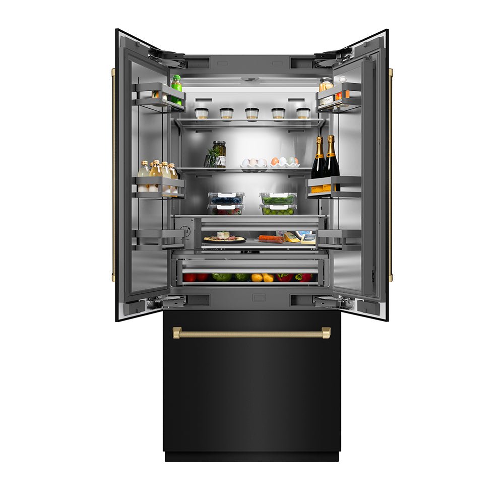ZLINE Autograph Edition 36 in. 19.6 cu. ft. French Door Built-In Bottom Freezer Refrigerator with Water Dispenser and Ice Maker in Black Stainless Steel with Stainless Steel Interior and Champagne Bronze Helix Handles (SRBIVZ-BS36KCB)