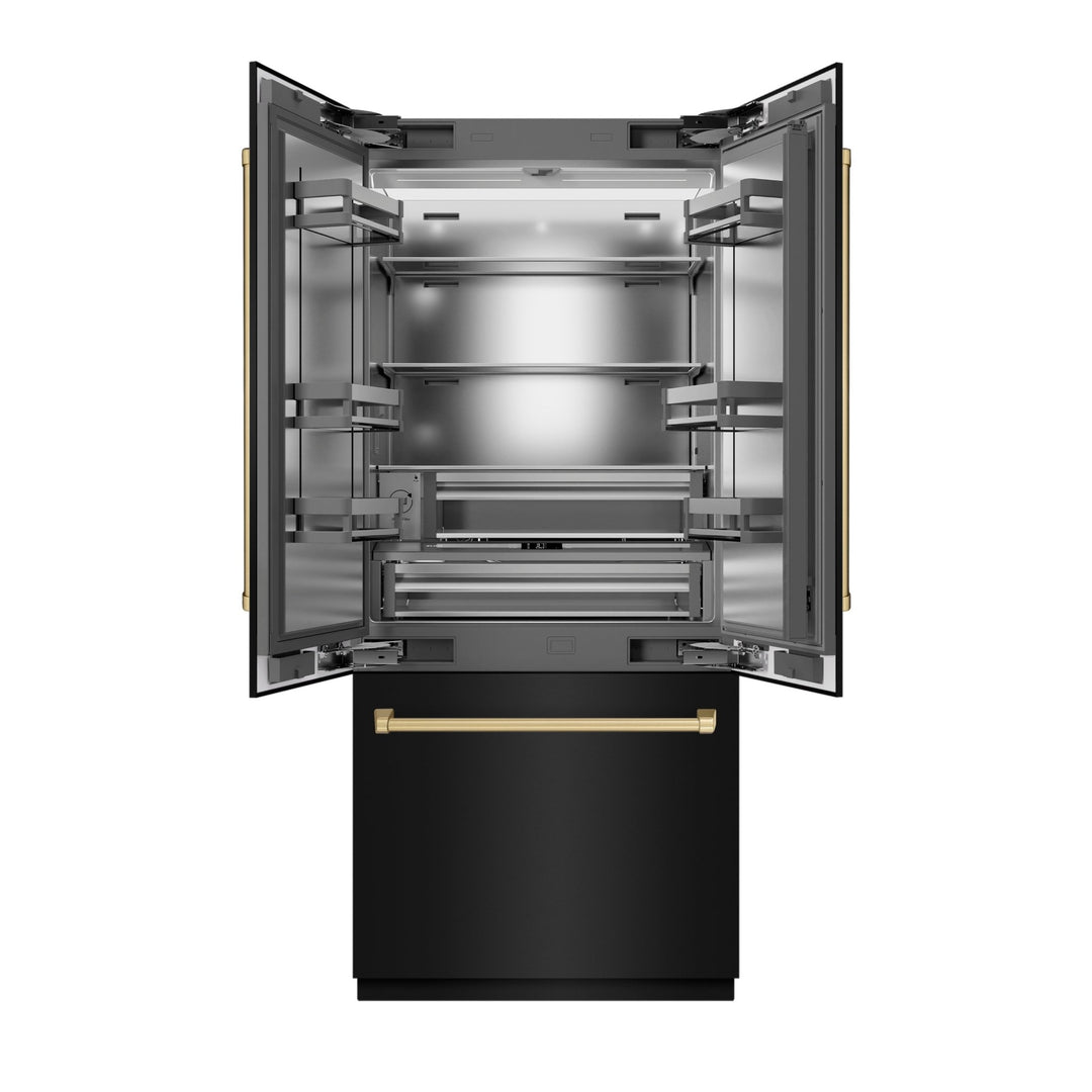 ZLINE Autograph Edition 36 in. 19.6 cu. ft. French Door Built-In Bottom Freezer Refrigerator with Water Dispenser and Ice Maker in Black Stainless Steel with Stainless Steel Interior and Champagne Bronze Accents (SRBIVZ-BS-36-CB)
