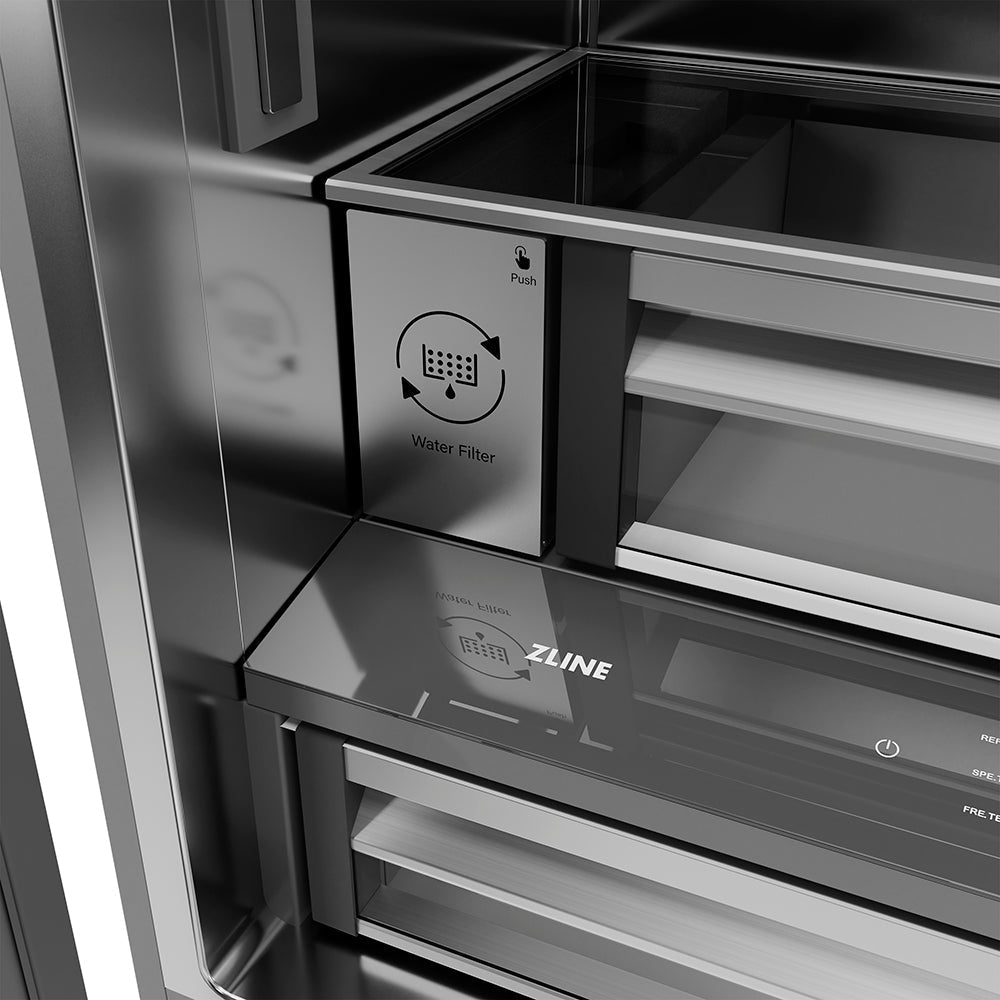 ZLINE Autograph Edition 36 in. 19.6 cu. ft. French Door Built-In Bottom Freezer Refrigerator with Water Dispenser and Ice Maker in Black Stainless Steel with Stainless Steel Interior and Polished Gold Helix Handles (SRBIVZ-BS36KG)