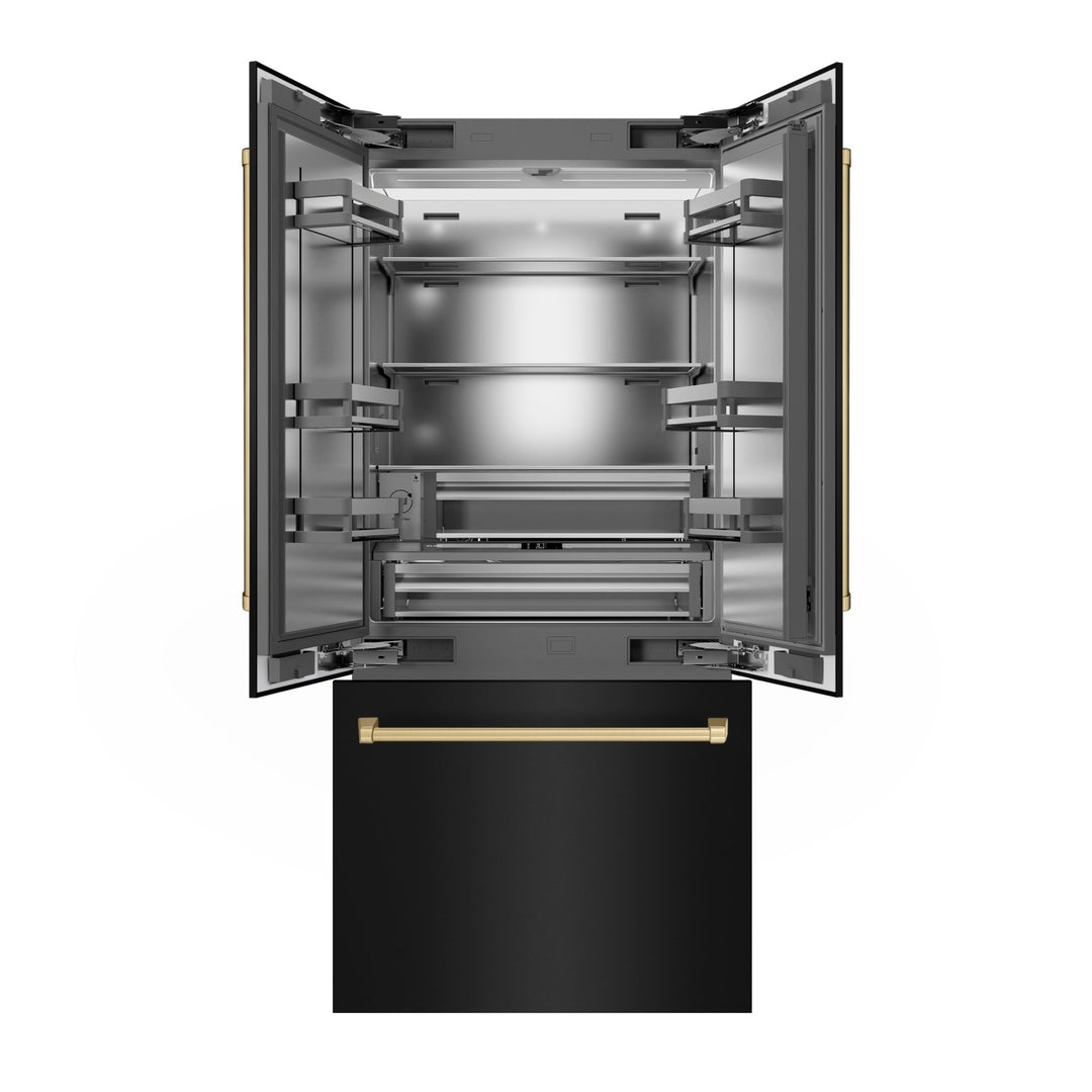 ZLINE Autograph Edition 36 in. 19.6 cu. ft. French Door Built-In Bottom Freezer Refrigerator with Water Dispenser and Ice Maker in Black Stainless Steel with Stainless Steel Interior and Champagne Bronze Accents (SRBIVZ-BS-36-CB)