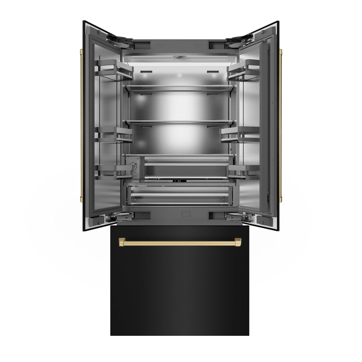ZLINE Autograph Edition 36 in. 19.6 cu. ft. French Door Built-In Bottom Freezer Refrigerator with Water Dispenser and Ice Maker in Black Stainless Steel with Stainless Steel Interior and Champagne Bronze Accents (SRBIVZ-BS-36-CB)