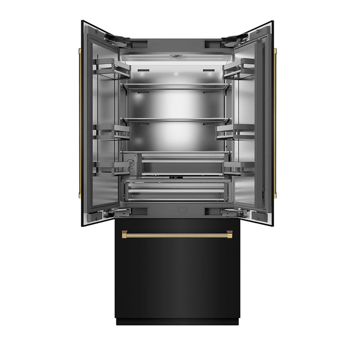 ZLINE Autograph Edition 36 in. 19.6 cu. ft. French Door Built-In Bottom Freezer Refrigerator with Water Dispenser and Ice Maker in Black Stainless Steel with Stainless Steel Interior and Polished Gold Helix Handles (SRBIVZ-BS36KG)