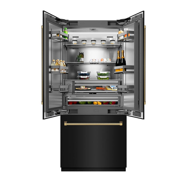 ZLINE Autograph Edition 36 in. 19.6 cu. ft. French Door Built-In Bottom Freezer Refrigerator with Water Dispenser and Ice Maker in Black Stainless Steel with Stainless Steel Interior and Polished Gold Helix Handles (SRBIVZ-BS36KG)
