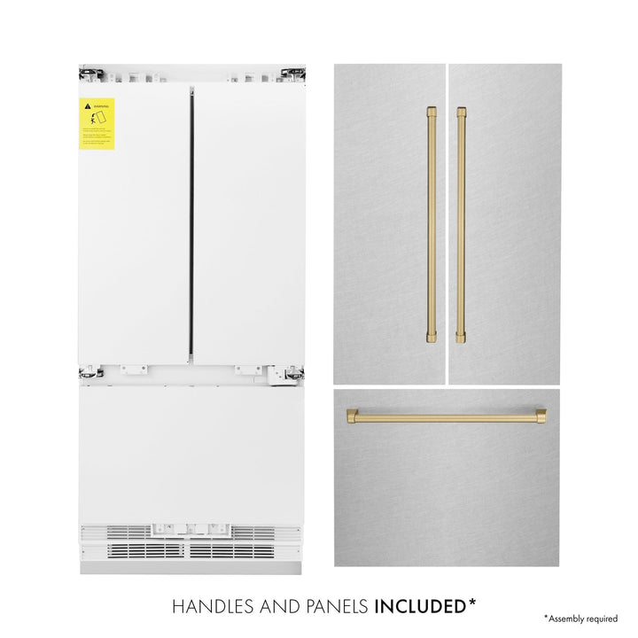 ZLINE Autograph Edition 36 in. 19.6 cu. ft. French Door Built-In Bottom Freezer Refrigerator with Water Dispenser and Ice Maker in Satin Stainless Steel with Champagne Bronze Accents (RBIVZ-SN-36-CB)