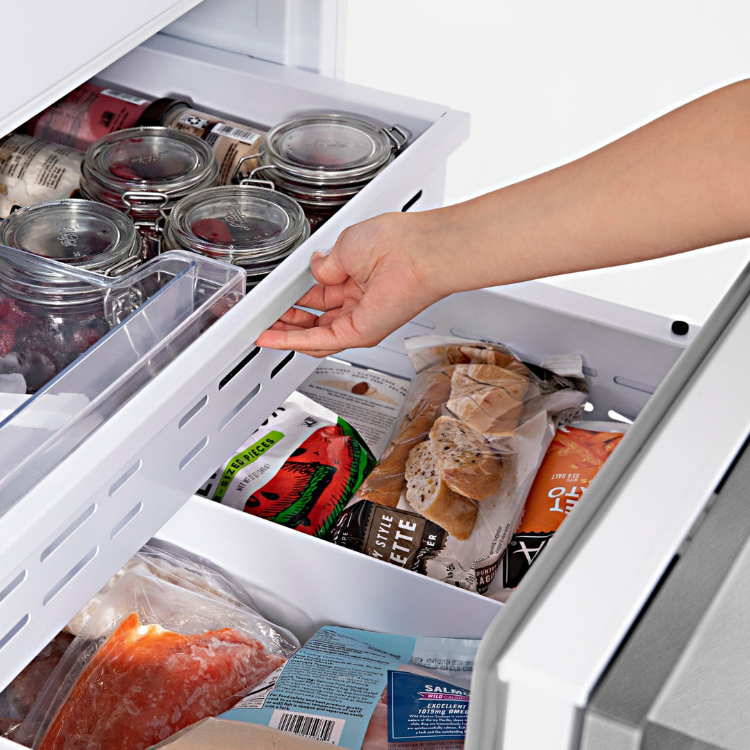 ZLINE Autograph Edition 36 in. 19.6 cu. ft. French Door Built-In Bottom Freezer Refrigerator with Water Dispenser and Ice Maker in Satin Stainless Steel with Champagne Bronze Accents (RBIVZ-SN-36-CB)