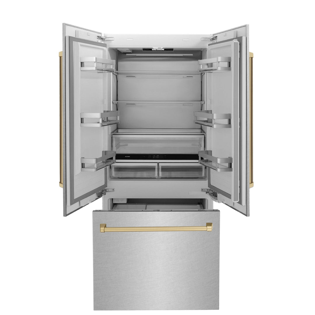 ZLINE Autograph Edition 36 in. 19.6 cu. ft. French Door Built-In Bottom Freezer Refrigerator with Water Dispenser and Ice Maker in Satin Stainless Steel with Champagne Bronze Accents (RBIVZ-SN-36-CB)