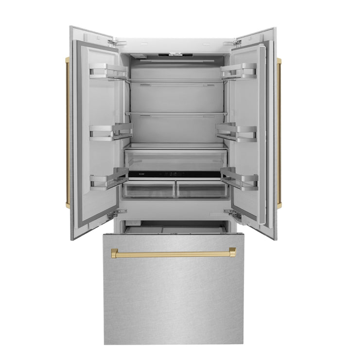 ZLINE Autograph Edition 36 in. 19.6 cu. ft. French Door Built-In Bottom Freezer Refrigerator with Water Dispenser and Ice Maker in Satin Stainless Steel with Champagne Bronze Accents (RBIVZ-SN-36-CB)