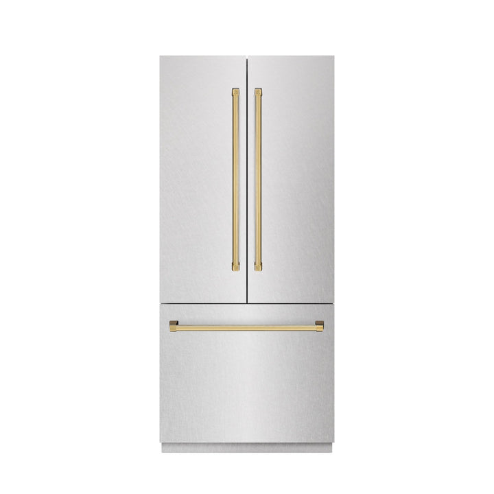 ZLINE Autograph Edition 36 in. 19.6 cu. ft. French Door Built-In Bottom Freezer Refrigerator with Water Dispenser and Ice Maker in Satin Stainless Steel with Graphite Gray Interior and Polished Gold Accents (GRBIVZ-SN-36-G)
