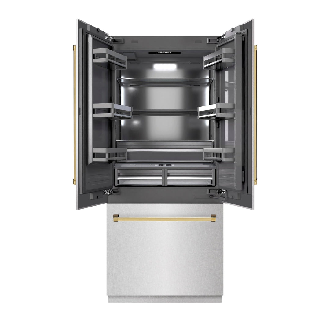 ZLINE Autograph Edition 36 in. 19.6 cu. ft. French Door Built-In Bottom Freezer Refrigerator with Water Dispenser and Ice Maker in Satin Stainless Steel with Graphite Gray Interior and Polished Gold Accents (GRBIVZ-SN-36-G)
