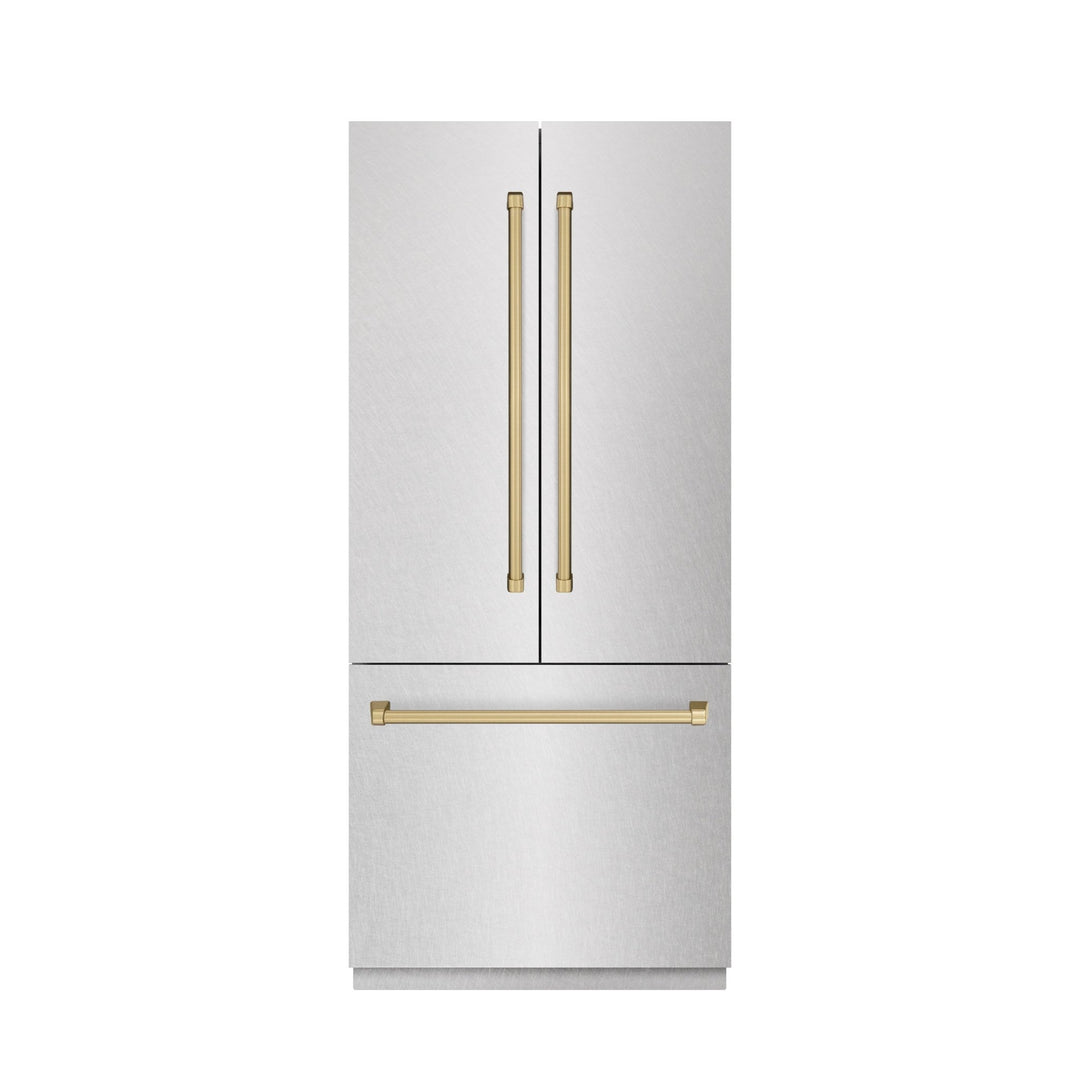 ZLINE Autograph Edition 36 in. 19.6 cu. ft. French Door Built-In Bottom Freezer Refrigerator with Water Dispenser and Ice Maker in Satin Stainless Steel with Graphite Gray Interior and Champagne Bronze Accents (GRBIVZ-SN-36-CB)