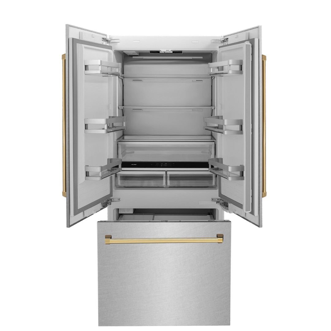 ZLINE Autograph Edition 36 in. 19.6 cu. ft. French Door Built-In Bottom Freezer Refrigerator with Water Dispenser and Ice Maker in Satin Stainless Steel with Polished Gold Accents (RBIVZ-SN-36-G)