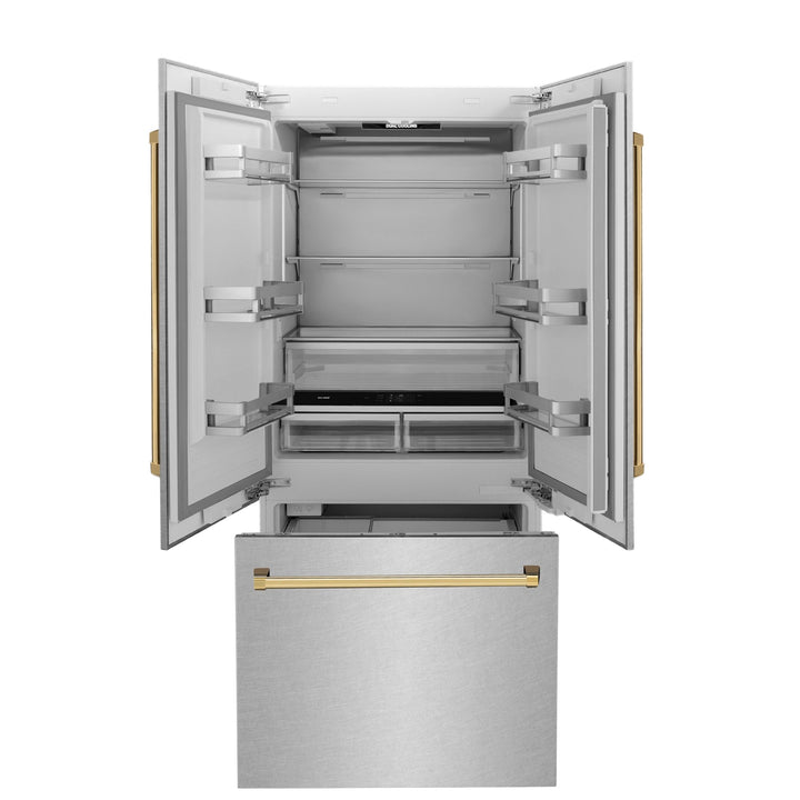 ZLINE Autograph Edition 36 in. 19.6 cu. ft. French Door Built-In Bottom Freezer Refrigerator with Water Dispenser and Ice Maker in Satin Stainless Steel with Polished Gold Accents (RBIVZ-SN-36-G)