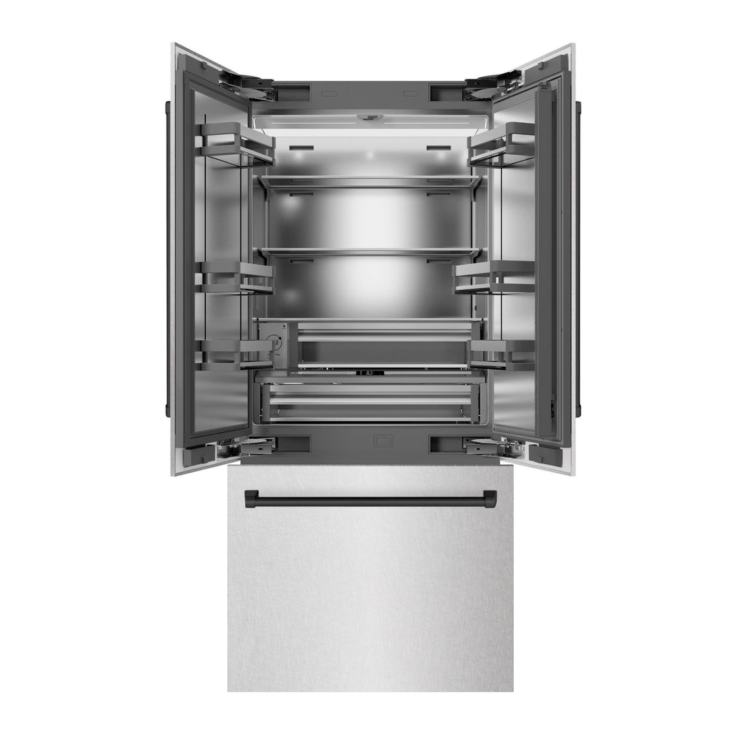 ZLINE Autograph Edition 36 in. 19.6 cu. ft. French Door Built-In Bottom Freezer Refrigerator with Water Dispenser and Ice Maker in Satin Stainless Steel with Stainless Steel Interior and Matte Black Accents (SRBIVZ-SN-36-MB)