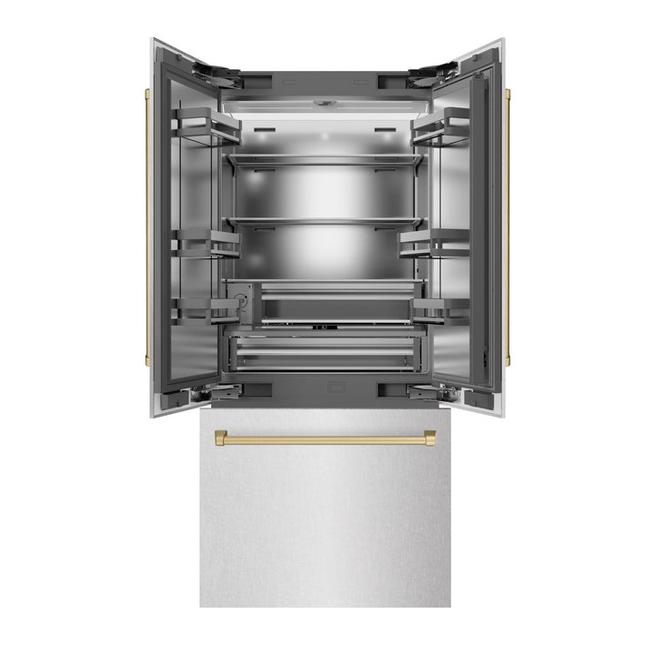 ZLINE Autograph Edition 36 in. 19.6 cu. ft. French Door Built-In Bottom Freezer Refrigerator with Water Dispenser and Ice Maker in Satin Stainless Steel with Stainless Steel Interior and Champagne Bronze Accents (SRBIVZ-SN-36-CB)