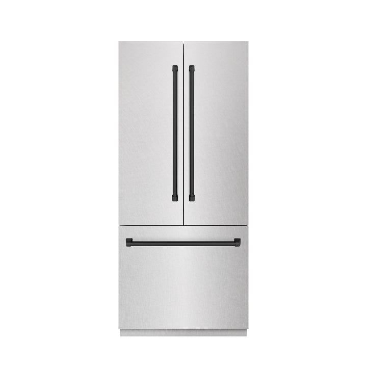 ZLINE Autograph Edition 36 in. 19.6 cu. ft. French Door Built-In Bottom Freezer Refrigerator with Water Dispenser and Ice Maker in Satin Stainless Steel with Stainless Steel Interior and Matte Black Accents (SRBIVZ-SN-36-MB)