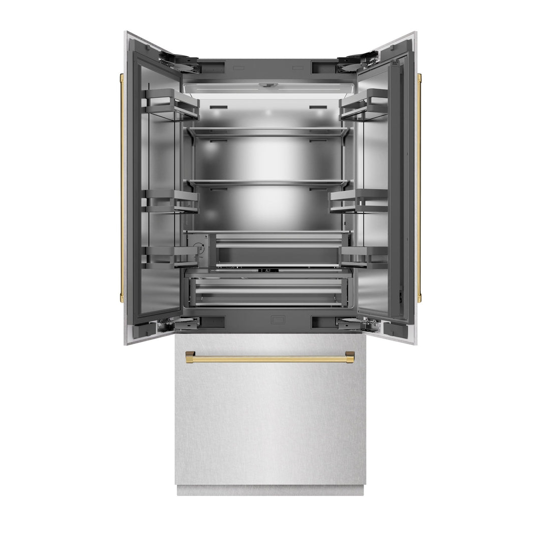 ZLINE Autograph Edition 36 in. 19.6 cu. ft. French Door Built-In Bottom Freezer Refrigerator with Water Dispenser and Ice Maker in Satin Stainless Steel with Stainless Steel Interior and Polished Gold Accents (SRBIVZ-SN-36-G)