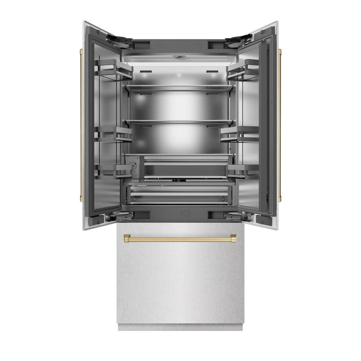 ZLINE Autograph Edition 36 in. 19.6 cu. ft. French Door Built-In Bottom Freezer Refrigerator with Water Dispenser and Ice Maker in Satin Stainless Steel with Stainless Steel Interior and Champagne Bronze Accents (SRBIVZ-SN-36-CB)