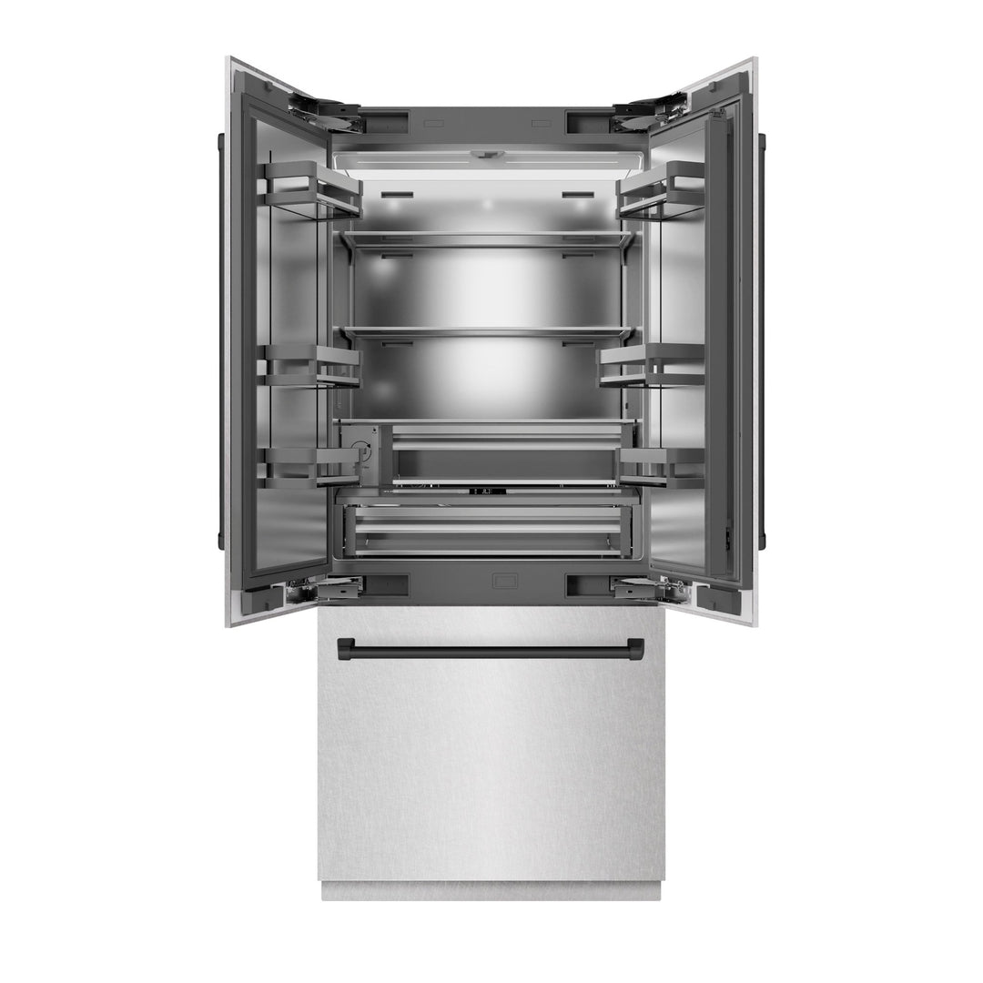 ZLINE Autograph Edition 36 in. 19.6 cu. ft. French Door Built-In Bottom Freezer Refrigerator with Water Dispenser and Ice Maker in Satin Stainless Steel with Stainless Steel Interior and Matte Black Accents (SRBIVZ-SN-36-MB)