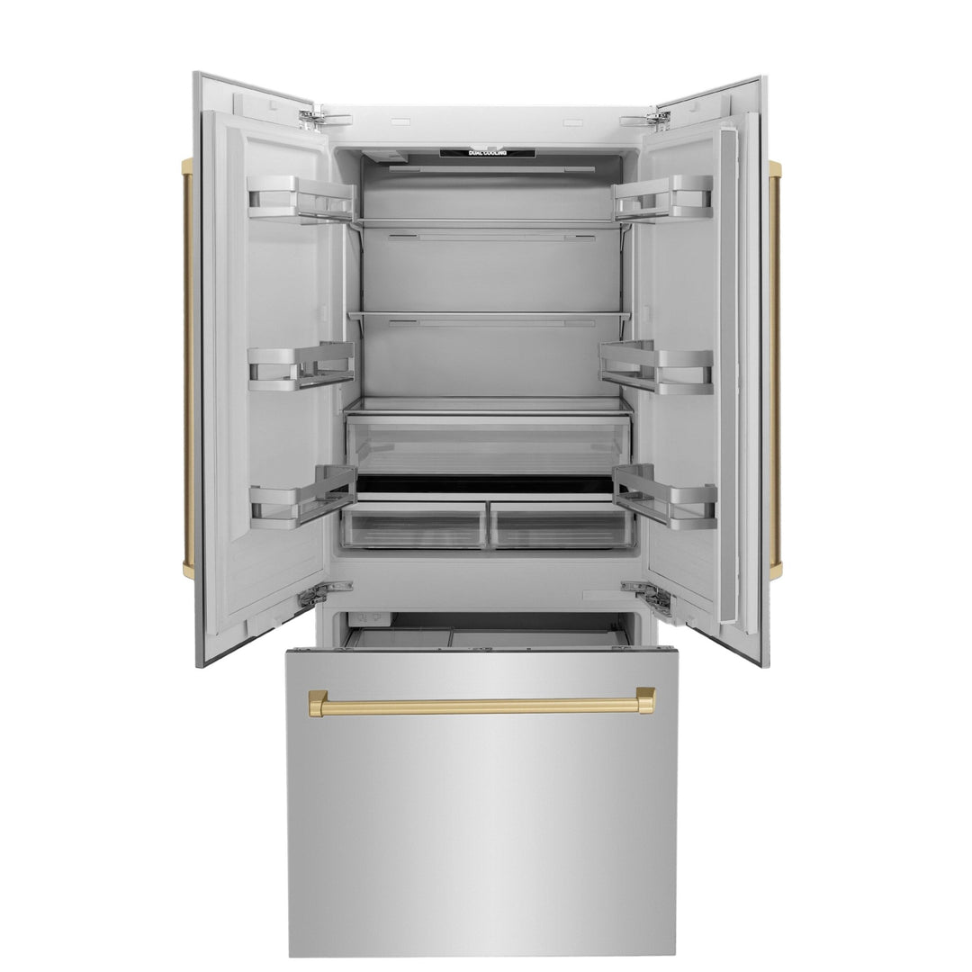 ZLINE Autograph Edition 36 in. 19.6 cu. ft. French Door Built-In Bottom Freezer Refrigerator with Water Dispenser and Ice Maker in Stainless Steel with Champagne Bronze Accents (RBIVZ-304-36-CB)