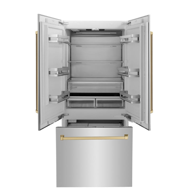 ZLINE Autograph Edition 36 in. 19.6 cu. ft. French Door Built-In Bottom Freezer Refrigerator with Water Dispenser and Ice Maker in Stainless Steel with Champagne Bronze Accents (RBIVZ-304-36-CB)