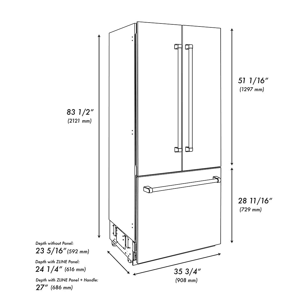 ZLINE Autograph Edition 36 in. 19.6 cu. ft. French Door Built-In Bottom Freezer Refrigerator with Water Dispenser and Ice Maker in Stainless Steel with Graphite Gray Interior and Polished Gold Helix Handles (GRBIVZ-30436KG)