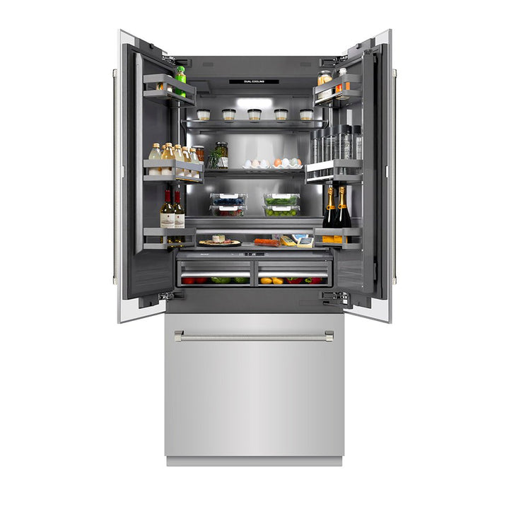 ZLINE Autograph Edition 36 in. 19.6 cu. ft. French Door Built-In Bottom Freezer Refrigerator with Water Dispenser and Ice Maker in Stainless Steel with Graphite Gray Interior and Polished Nickel Helix Handles (GRBIVZ-30436KPN)