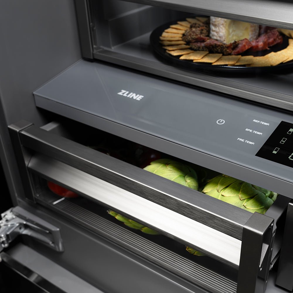 ZLINE Autograph Edition 36 in. 19.6 cu. ft. French Door Built-In Bottom Freezer Refrigerator with Water Dispenser and Ice Maker in Stainless Steel with Graphite Gray Interior and Polished Nickel Helix Handles (GRBIVZ-30436KPN)