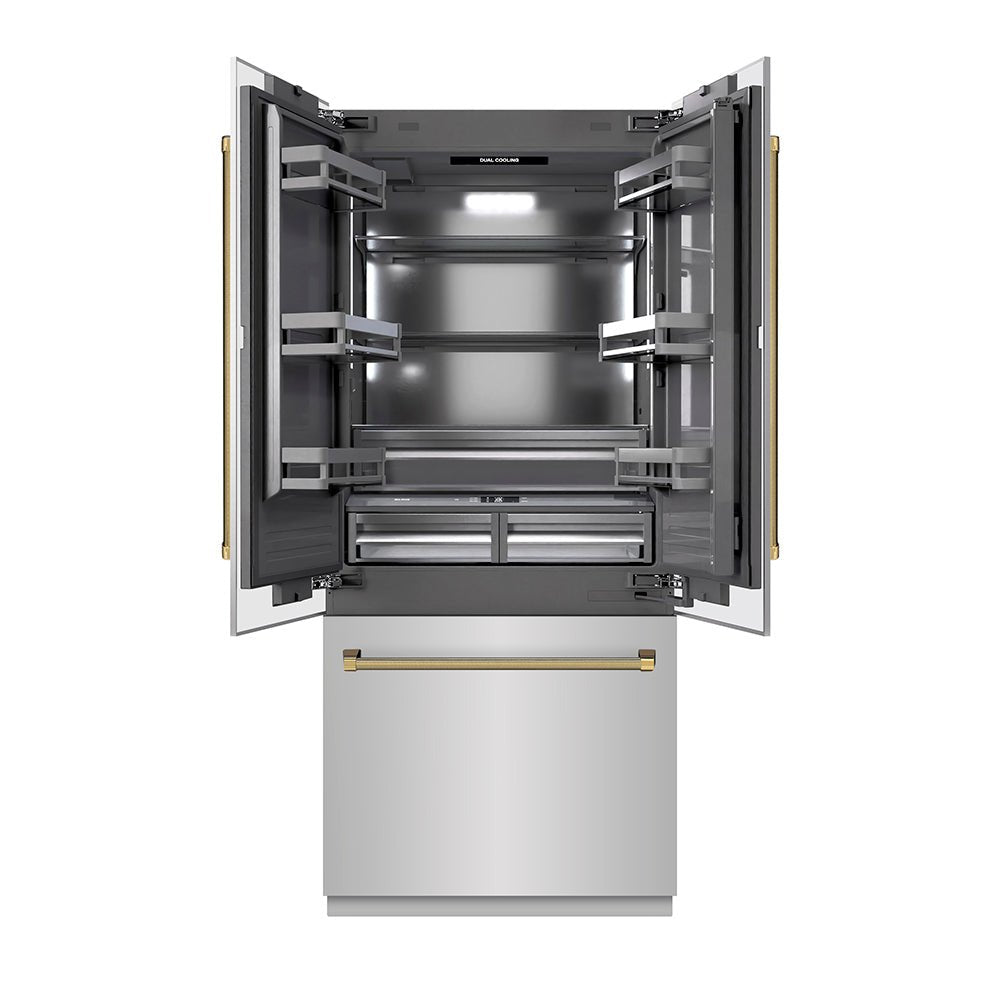 ZLINE Autograph Edition 36 in. 19.6 cu. ft. French Door Built-In Bottom Freezer Refrigerator with Water Dispenser and Ice Maker in Stainless Steel with Graphite Gray Interior and Polished Gold Helix Handles (GRBIVZ-30436KG)