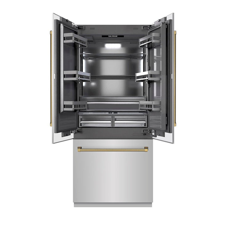 ZLINE Autograph Edition 36 in. 19.6 cu. ft. French Door Built-In Bottom Freezer Refrigerator with Water Dispenser and Ice Maker in Stainless Steel with Graphite Gray Interior and Polished Gold Helix Handles (GRBIVZ-30436KG)