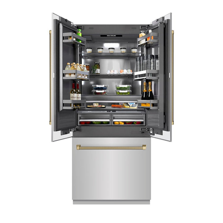 ZLINE Autograph Edition 36 in. 19.6 cu. ft. French Door Built-In Bottom Freezer Refrigerator with Water Dispenser and Ice Maker in Stainless Steel with Graphite Gray Interior and Champagne Bronze Helix Handles (GRBIVZ-30436KCB)