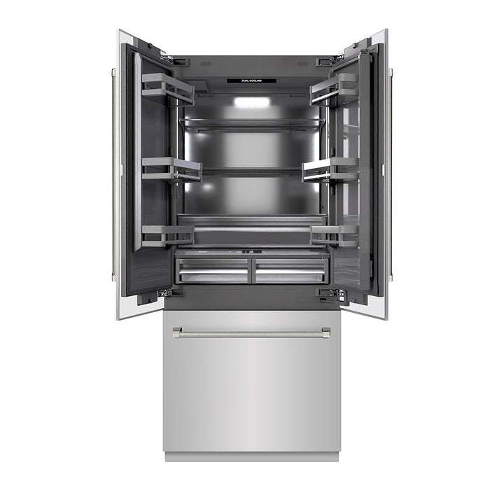 ZLINE Autograph Edition 36 in. 19.6 cu. ft. French Door Built-In Bottom Freezer Refrigerator with Water Dispenser and Ice Maker in Stainless Steel with Graphite Gray Interior and Polished Nickel Helix Handles (GRBIVZ-30436KPN)