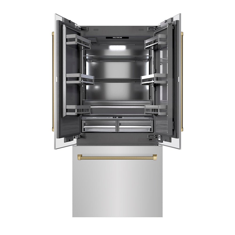 ZLINE Autograph Edition 36 in. 19.6 cu. ft. French Door Built-In Bottom Freezer Refrigerator with Water Dispenser and Ice Maker in Stainless Steel with Graphite Gray Interior and Champagne Bronze Helix Handles (GRBIVZ-30436KCB)