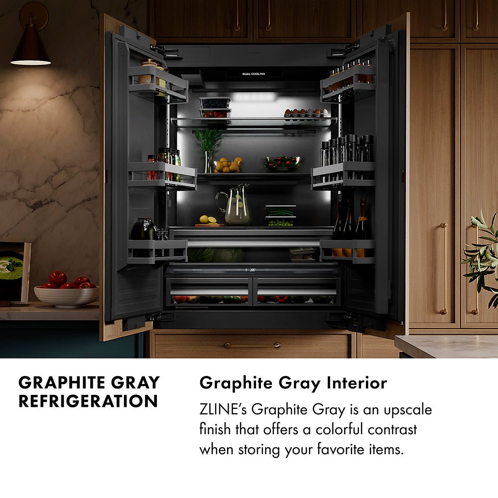 ZLINE Autograph Edition 36 in. 19.6 cu. ft. French Door Built-In Bottom Freezer Refrigerator with Water Dispenser and Ice Maker in Stainless Steel with Graphite Gray Interior and Polished Gold Helix Handles (GRBIVZ-30436KG)